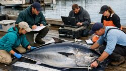 A rare giant bluefin tuna is measured and confirmed by marine biologists using peer-reviewed protocols