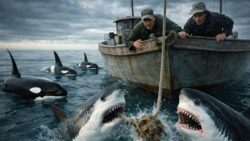 Fishermen report sharks biting their anchor lines just moments after orcas surrounded their boat in a tense marine encounter
